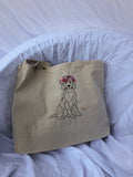 Embroidered Dog Tote Bag. 100% Cotton Canvas. Dog with Flower Wreath.