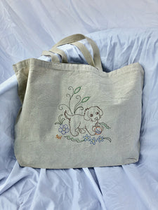 Old Fashioned Embroidered Puppy Canvas Tote Bag