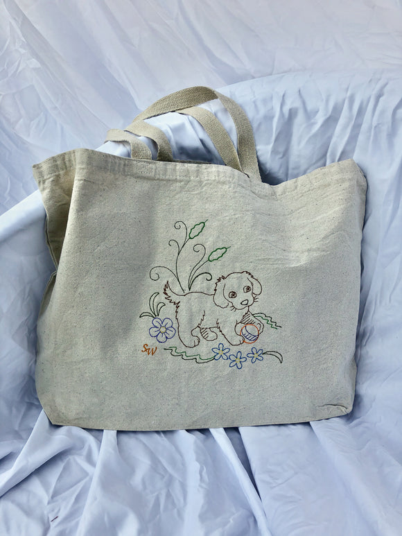 Old Fashioned Embroidered Puppy Canvas Tote Bag