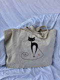 50's style Embroidered Black Cat Canvas Tote Bag