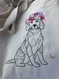 Embroidered Dog Tote Bag. 100% Cotton Canvas. Dog with Flower Wreath.