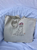 Embroidered Dog Tote Bag. 100% Cotton Canvas. Dog with Flower Wreath.