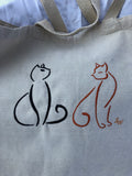 Duet of Cats. Two Cats Embroidered on a Large 100% Cotton Canvas Tote