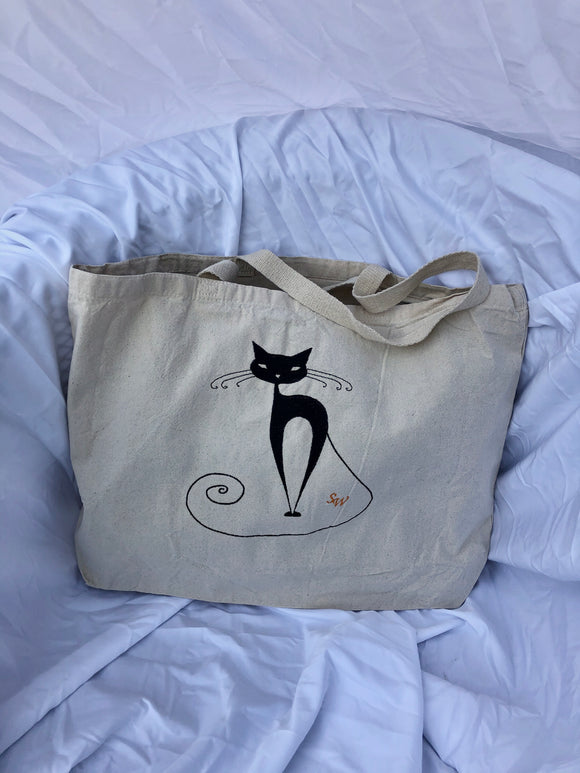 50's style Embroidered Black Cat Canvas Tote Bag