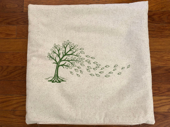 Pillow Cover Embroidered Tree with Blowing Leaves | stitchywoman.net