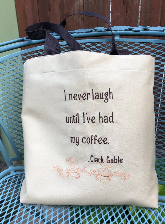 Clark Gable Coffee Quote Embroidered Tote Bag | stitchywoman.net